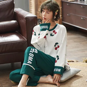 

QUEENX Pajamas Women's Spring and Autumn Cotton Long-Sleeved Loose Green Color Fat mm Plus-sized 200 Jin Suit Autumn