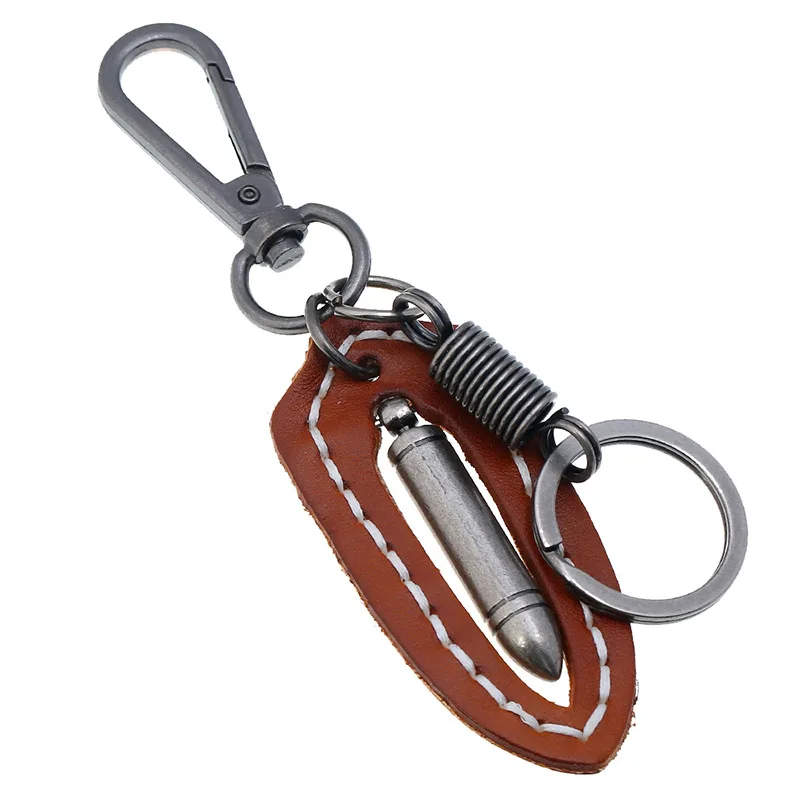 

Gothic Punk Rock Metal Keychain Silver Bullet Hanging Pendant Vintage Genuine Leather Car Key Chains Keyring Fashion Men Jewelry