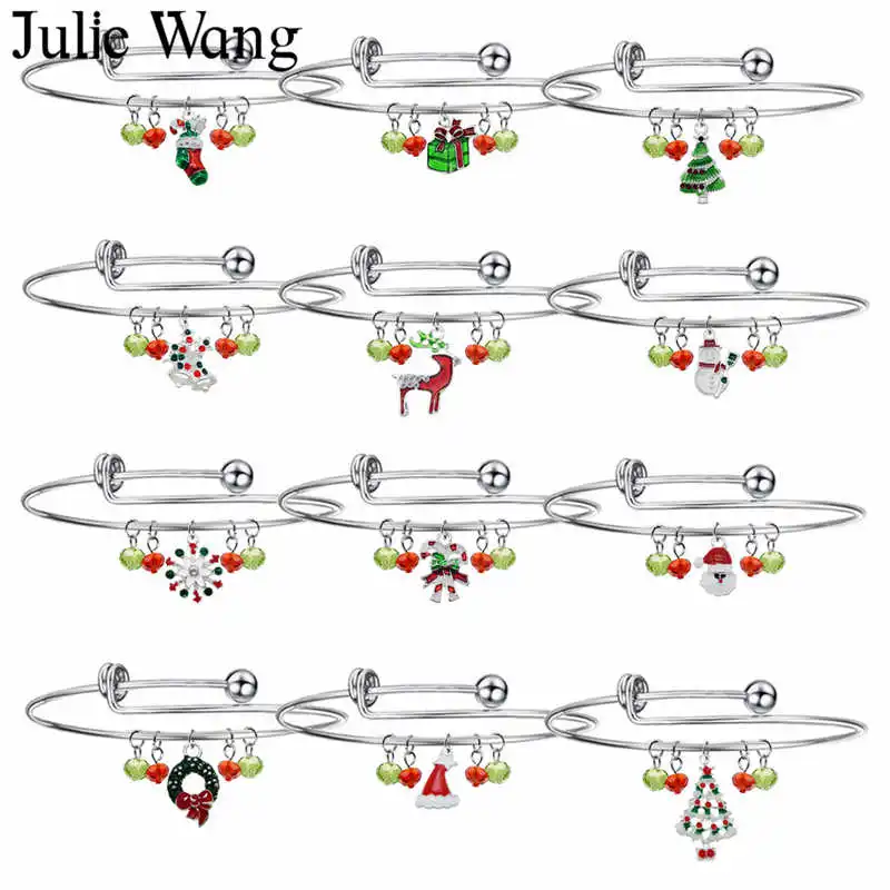 Julie Wang, 4-12 шт., эмалированный браслет с рождественской елкой, Санта Клаусом, женский браслет из нержавеющей стали, модные рождественские ювелирные изделия, Браслеты Mujer - Окраска металла: Mixed 12PCS