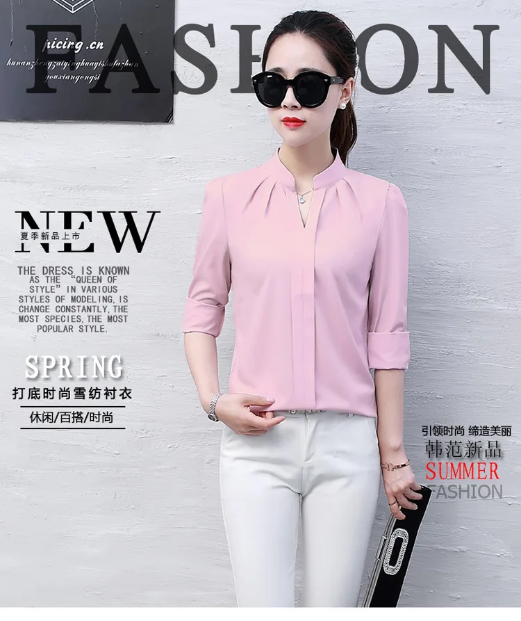 New Spring Autumn Tops Women Slim Pink Shirts Casual Long Sleeve V-Neck Solid Blouse Fashion Womens Chiffon Work Blouses