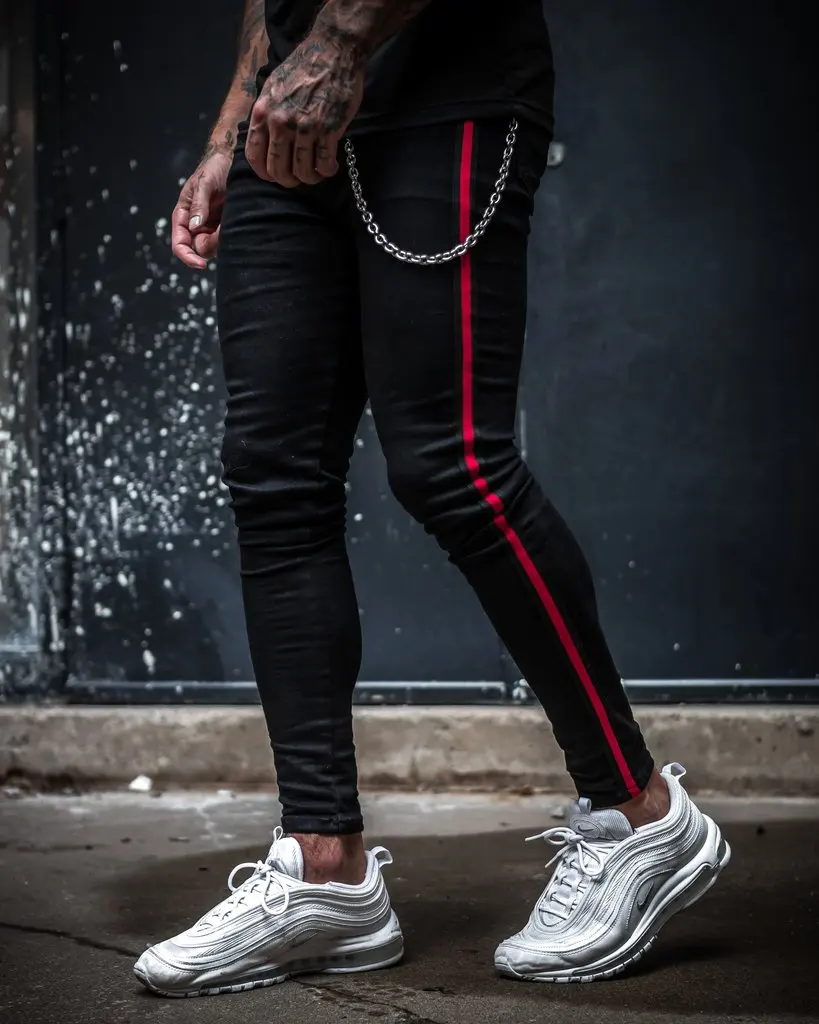 Mens Side Stripe Skinny Fit Black Denim Jeans Streetwear Solid Color Plus Size Slim Fit Lightweight Cotton Jeans for Men 2020