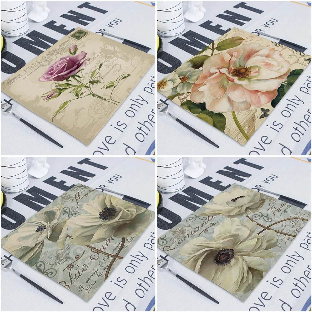 1Pcs Floral Plant Pattern Kitchen Placemat Coaster Dining Table Mats Linen Pad Bowl Cup Mat 42*32cm Home Decor Napkin Table