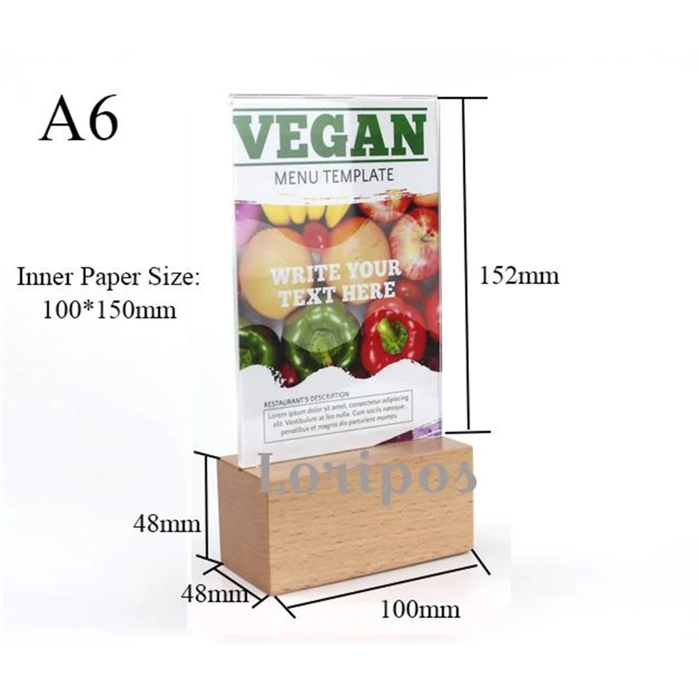 New Hot Sale A6 Unique Design Easy Reused Acrylic Clear Price Tag Menu Display Table Top Desk Sign Label Holder Thick Wood Base