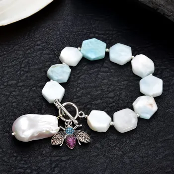 

GuaiGuai Jewelry Natural Blue Larimar Hexagon White Keshi Pearl Cz pave Insect Charms Bracelet