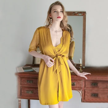 

JULY'S SONG 2 PCS Sexy Mini Dress 2020 Summer Faux Silk Satin Half Sleeve Nightgown Women's Pajamas Set Elegant Homewear Robe