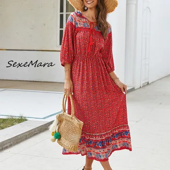 

Summer Bohemian Style Women Loose Dress 2020 Vintage Casual Lantern Sleeves O-neck Maxi Dress