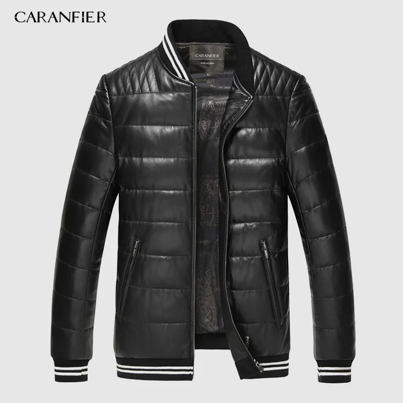 CARANFIER мужской пуховик из натуральной кожи зимняя верхняя одежда черный/красный/тонкий/Простой деловой стиль/овчина/повседневное кожаное пальто - Цвет: Черный