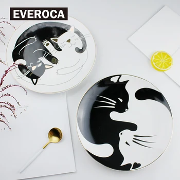 

Ceramic Plate Tableware Round Golden Edge Cartoon Black and White Cat Bone Porcelain Dish Main Dish Large Dish Kitchen Supplies