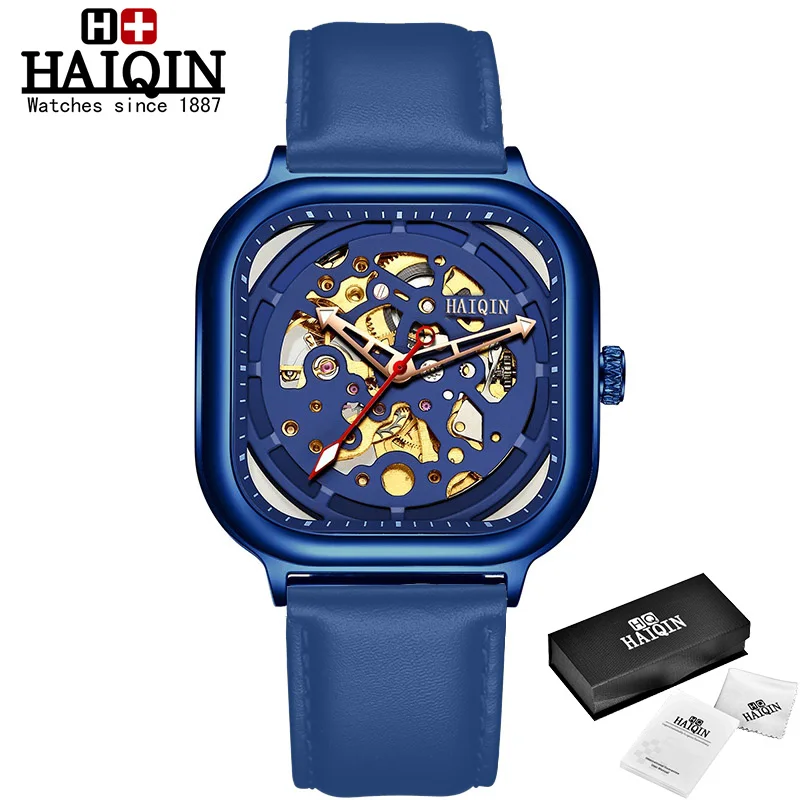 HAIQIN Fashion Sport Mens Watches top brand luxury Square Mechanical watch men wirstwatch Hollow skeleton erkek kol saati - Цвет: Розовый