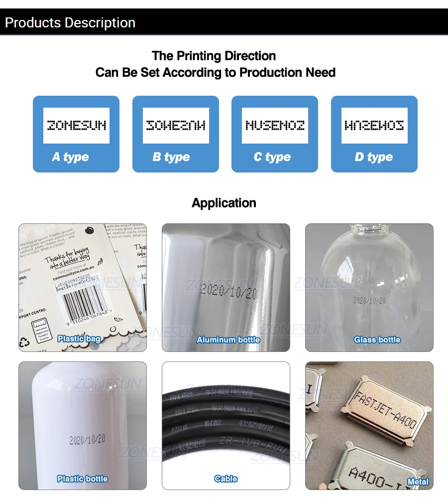 Impresora de inyección de tinta ZONESUN con soporte para cadena de producción