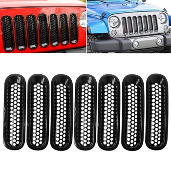 

For 2007- Jeep Wrangler JK Matte Black Front Insert Mesh Grille Trim Cover 7Pcs