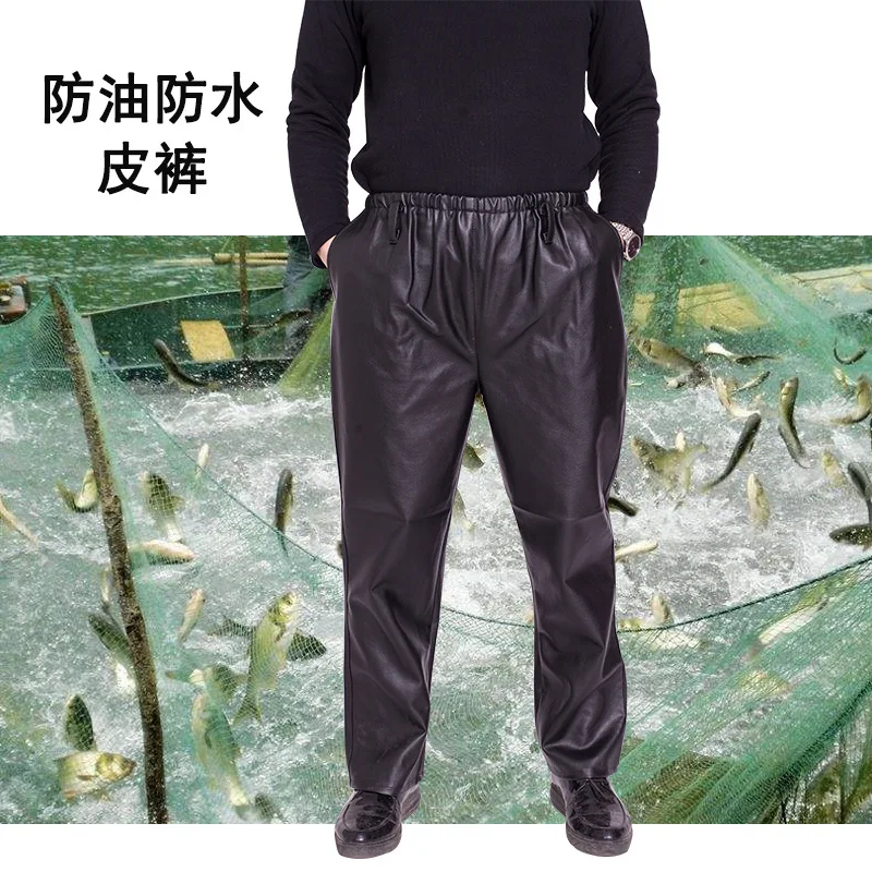 

Men Leather Pants Middle-aged Loose Straight Elastic Waist Black And White with Pattern Wear-Resistant Antifouling Waterproof Oi
