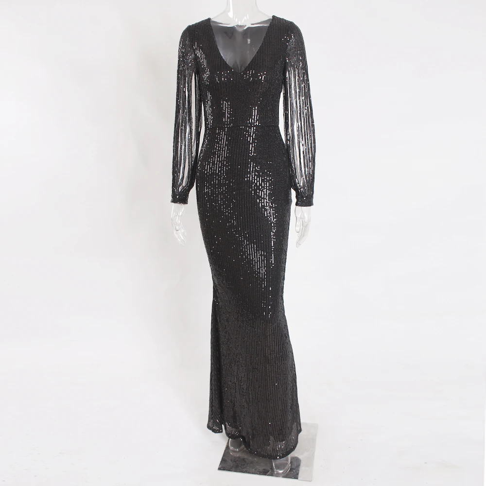 Открытое эластичное бежевое вечернее платье с длинными рукавами и пайетками Бордовое платье с полной подкладкой и v-образным вырезом для клуба облегающее платье на бедрах - Цвет: Black