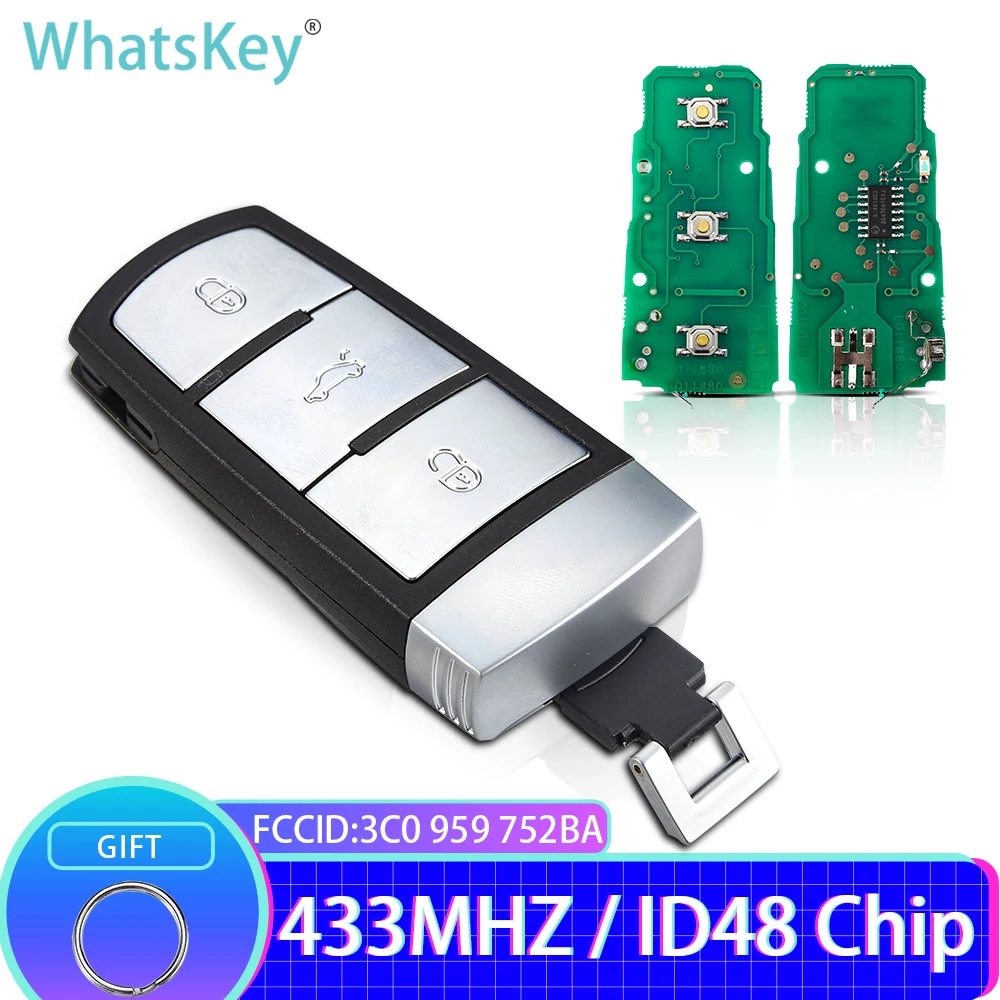 WhatsKey 3 Button Keyless Smart Car Remote Key 433Mhz With ID48 Chip 3C0959752BA For VW Passat B6 3C B7 Magotan CC Control Alarm