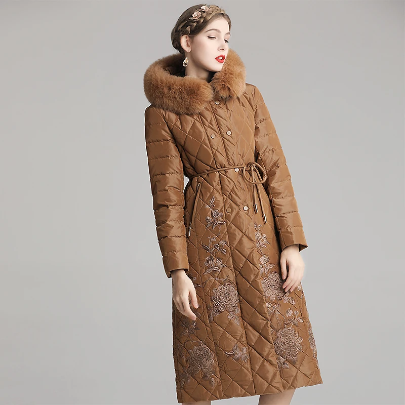 Winter Fox Fur Collars Down Coat Chinese Style Embroidery Diamond-Studded Refined Warm Duck Women Down Jacket Plus Size 2XL-5XL - Цвет: CAMEL