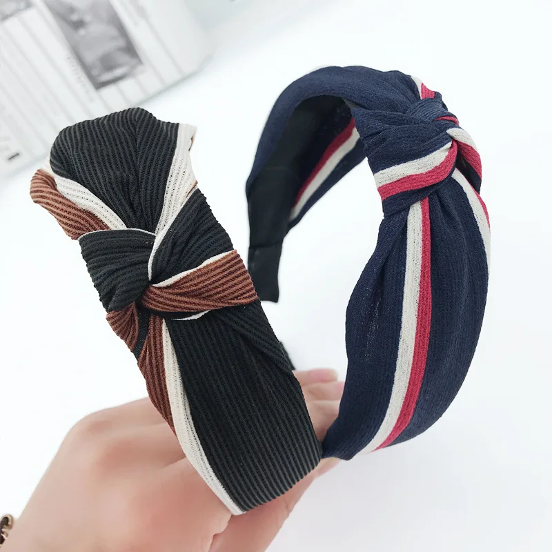 South Korea New Style Hair Bands Simple Versatile Stripes Cross Middle Knot Large Rims Bow Headband Hair Fixer Women's