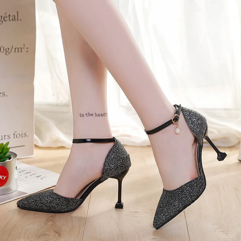 Najtaniej Modna klamra kryształowy świecący pompy kobiety elegancki cienki wysoki obcas Point toe wesele buty kobieta Stiletto Sexy sandały ślubne