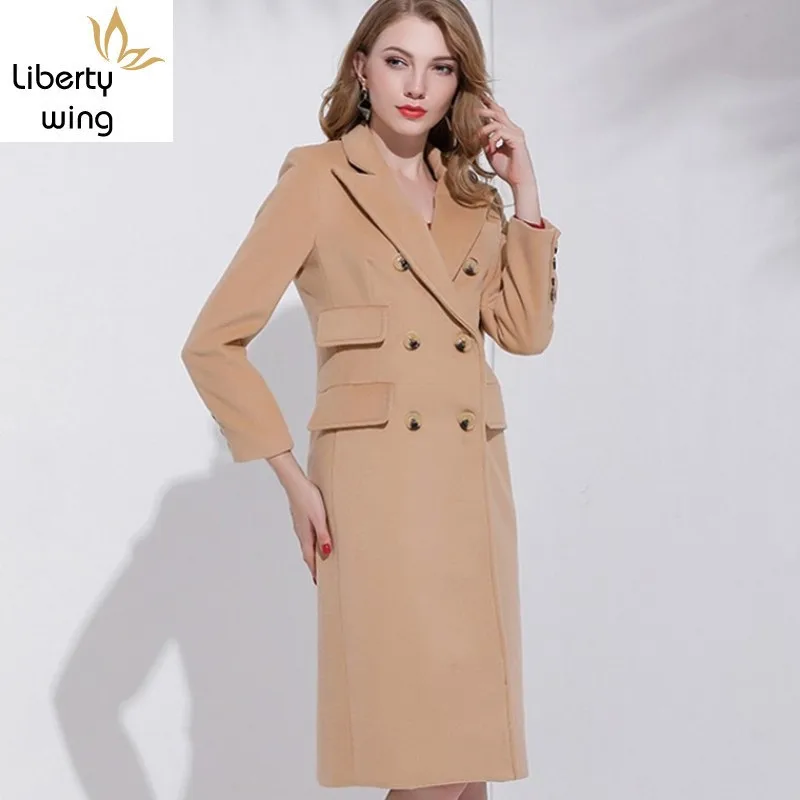 

New Fashion Womens OL Wool Coats European Style Slim Fit Outerwear Female Elegant Double Breasted Pocket Long Overcoats