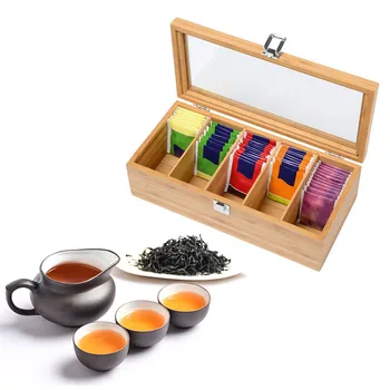 

Bamboo System Tea Box System Tea Bag Jewelry Organizer Storage Box 5 Compartments Tea Box Organizer Wood Sugar Packet Container