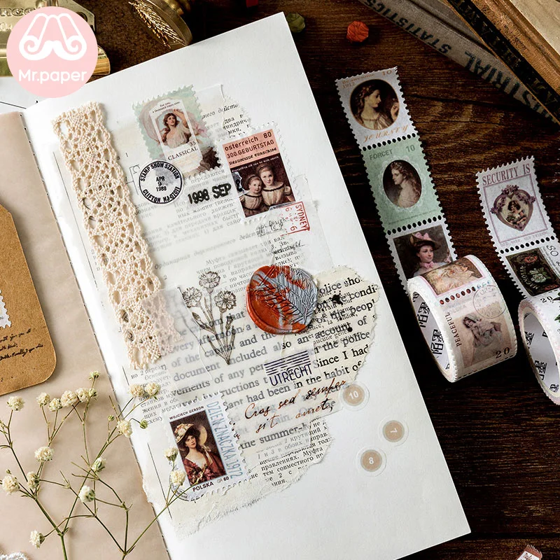 Mr Paper 8 Designs Retro Post Office Plant Stamp Tapes Scrapbooking Deco Sticker Masking Tapes Easy to Tear