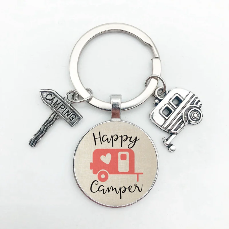 Camping Keychain Camper Wagon Trailer Signpost Vacation Travel Memorial Gift