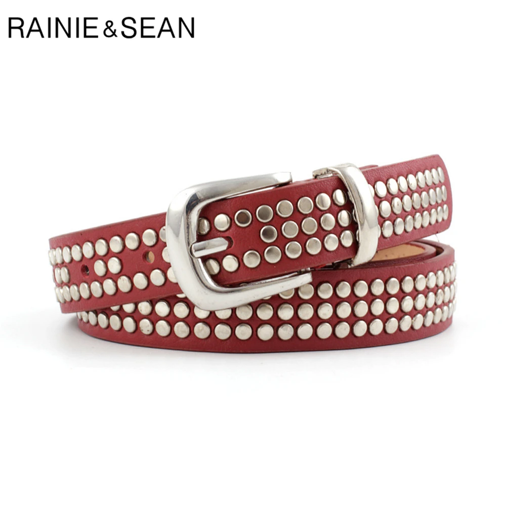RAINIE SEAN Punk Rock Leather Belts for Women Rivet Black Red White Camel Women Belts 110cm