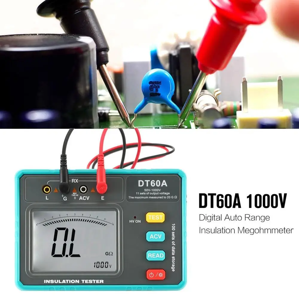 DT60A 1000 в цифровой измеритель сопротивления изоляции с автоматическим диапазоном, Мегаомметр, Мегаомметр, светодиодный индикатор высокого напряжения, 1999 отсчетов