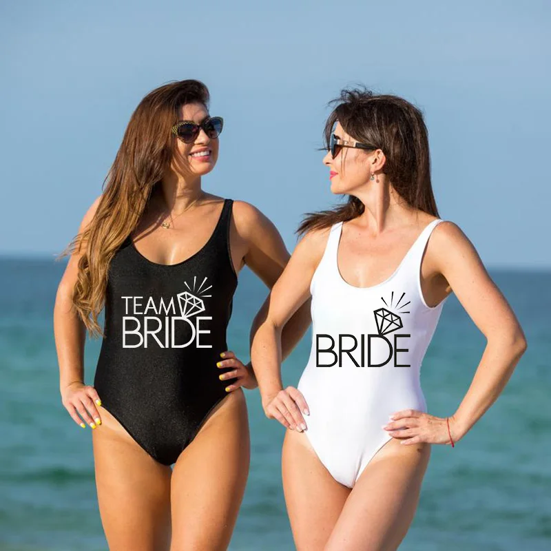 Bride and Team Bride Diamond Print One Piece Swimsuit Bathing Suits with Padding