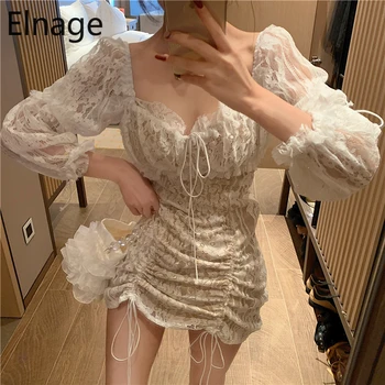 

Elnage Spring New White Fairy Short Sexy Slim Waist Long Sleeve Lace Dress Drawstring Bag Hip Summer Vestidos 5A351
