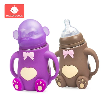 

240ml Anti-fall Glass Baby Milk Bottle Silicone BPA Free Safe Infant Baby Straw Bottle Cups with Handle Anti-scalding Glass Nursing Feeding Bottle Cup