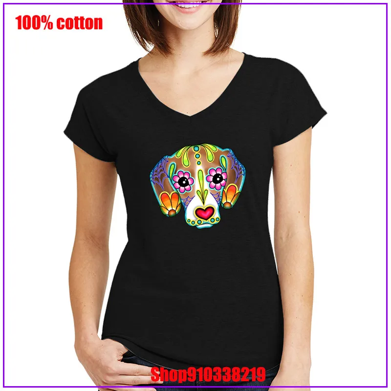 Beagle Day of the Dead Sugar Skull Dog Color diversified couple T-shirt Hot sale New Coming Vintage Natural cotton Party | Женская