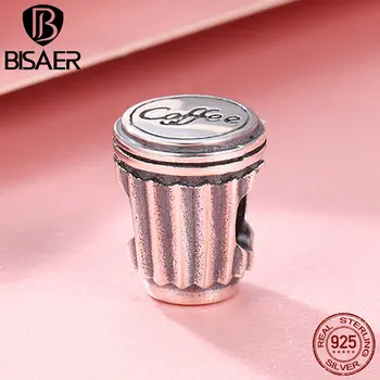 

BISAER Popular 100% 925 Sterling Silver I Love Coffee Cup Charm Beads fit Women Charm Bracelet Bangles Valentine Day Gift GXC477