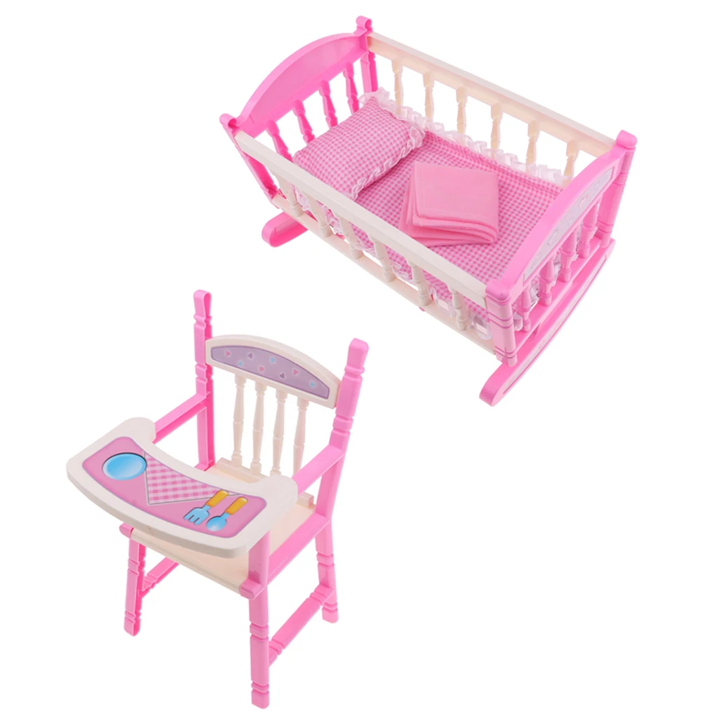 Childrens 2 in 1 Baby Doll Pretend Role Play Set with Folding Cot Bed, High Chair Accessories,Kids Pretend Play Toys