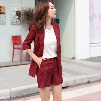 

2020 New Fashion Women Blazer Suits Blazer Shorts Pants Set Office Ladies Two-piece Blazer Sets Double Breasted Striped Notched