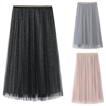 

2020 New Women's Cloth Female Voile Stylish Skirts Princess Tulle Solid Pleated Skirt School Natural Long Skirt Falda Larga#G30