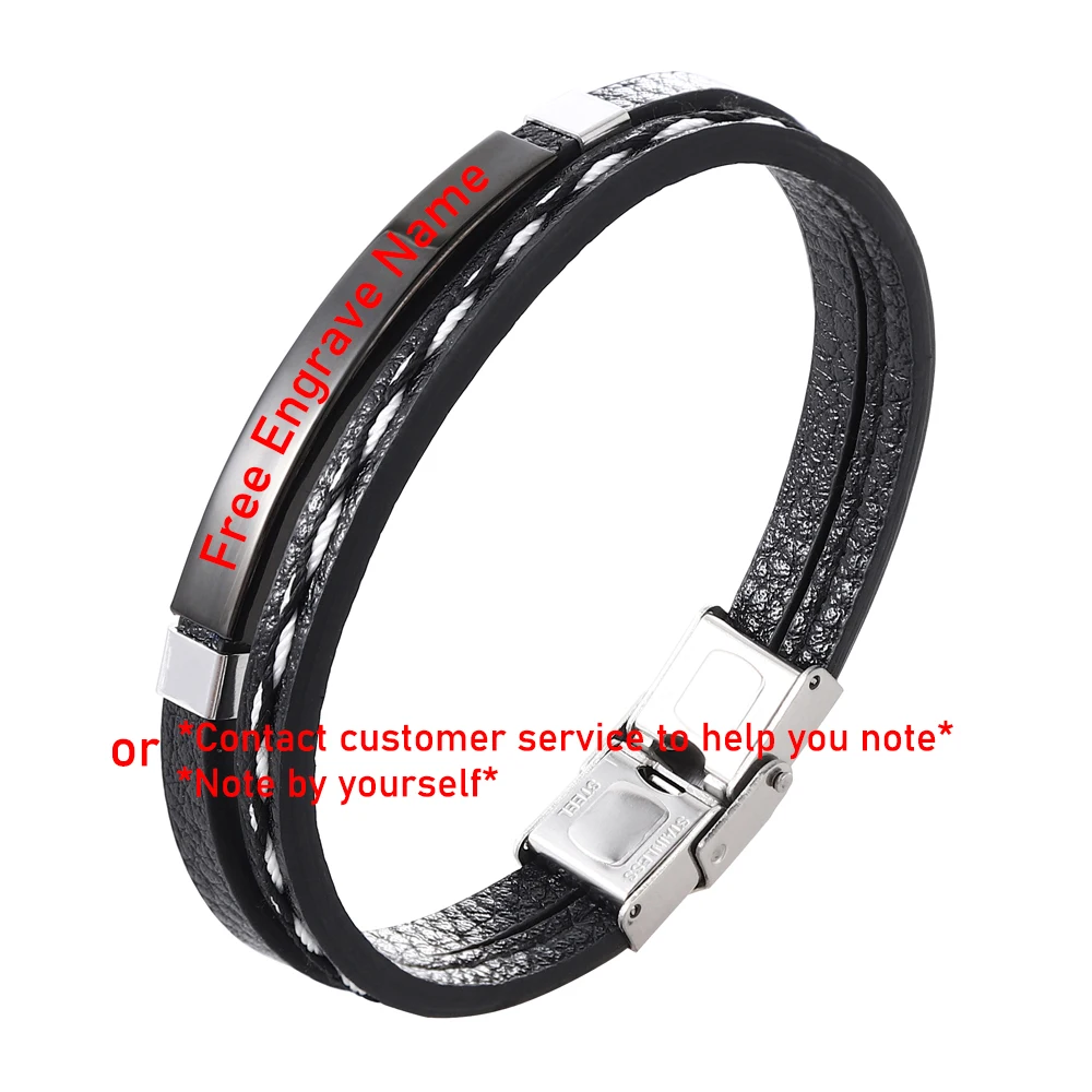 Engraved Name Genuine Leather Bracelet Double Layer Design Black Golden Stainless Steel for Men Punk Jewelry Gift Free Shipping