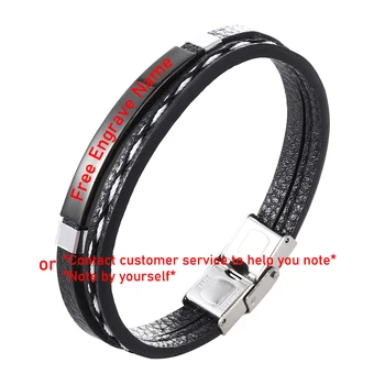 Engraved Name Genuine Leather Bracelet Double Layer Design Black Golden Stainless Steel for Men Punk Jewelry Gift Free Shipping