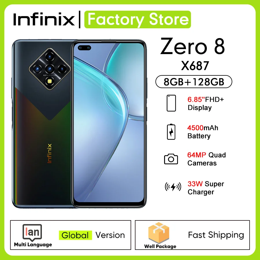 Infinix-móvil Zero 8 versión Global, 8GB de RAM, 128GB ROM, pantalla completa de 6,85 pulgadas, 90Hz, cámara cuádruple de 64MP, batería de 4500mAh, cargador de 33W, X687