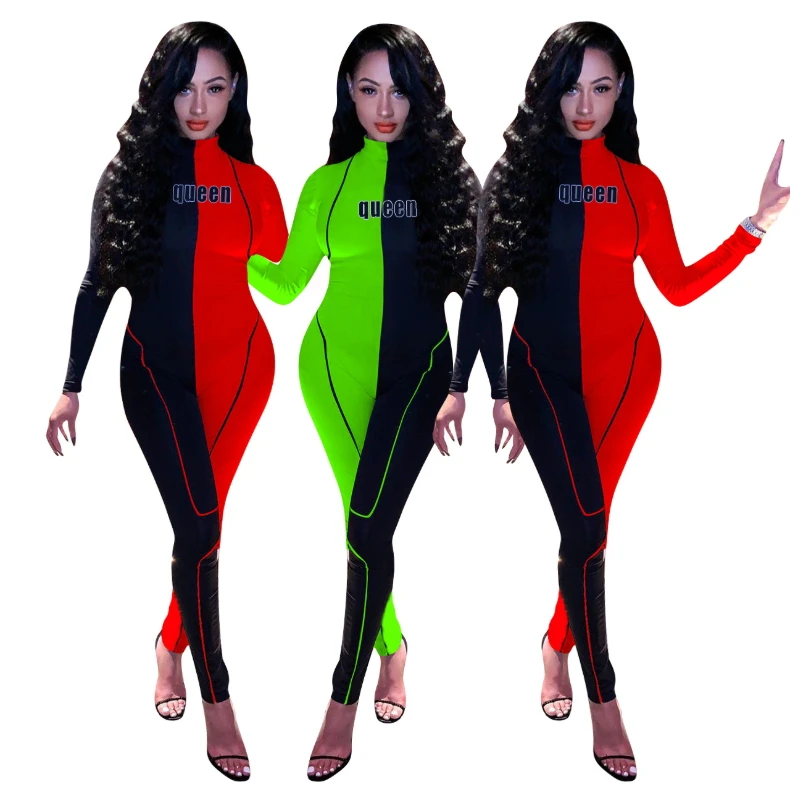 

2019 Autumn Winter New Arrivals Letter Front Patchwork Long Sleeved Bandage Jumpsuits For Women 2019 Autumn Winter Turtleneck Bodycon Bodysuit Long Pants Leotard Sexy One Piece Rompers Body Feminino Salopette Femme