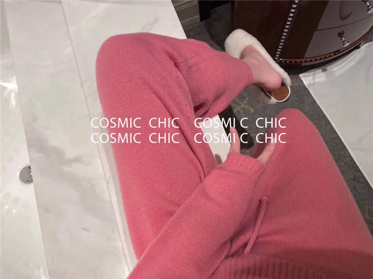 Cosmicchic, женский зимний вязаный костюм, модный, v-образный вырез, Повседневный, с капюшоном, шерсть, спортивный костюм, однотонный, толстовка с длинным рукавом, женский брючный костюм