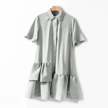 

Irregular ruffle Mint Green women dress short sleeve turn-down collar loose casual lady dress 2020 summer new