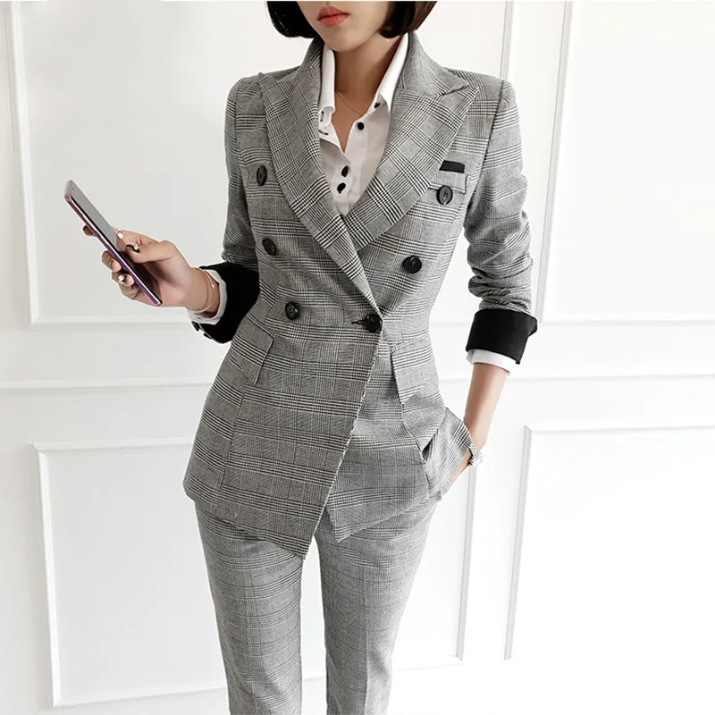

Women Clothes Vintage Plaid Double-breasted Women Blazer Suit Set Slim Women Pant Suits Female Workwear Trouser Suit Autumn