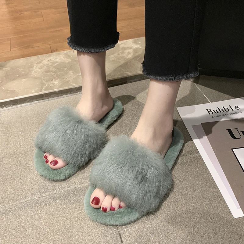 Hot Sale Women Slippers Fashion Fluffy Faux Fur Plush Slippers Women Spring Autumn Slides Flip Flops Flat Shoes 35-40 g754