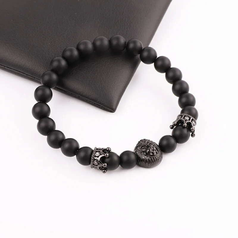 High Quality Natural Matte Onyx Stone Beads Cubic Zircon Crown Charm Elastic Beads Bracelet Set Jewelry Men - Image 4