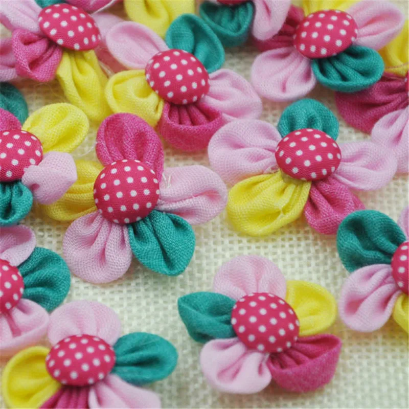 20pcs Chiffon Ribbon Bows Flowers /Dot Button Appliques Doll Lots DIY Craft A291 