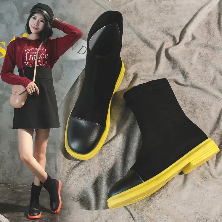 

European Style Autumn New Style Candy-Colored Mixed Colors Contrast Color Flat Martin Boots Versatile Elasticity WOMEN'S Shoes S