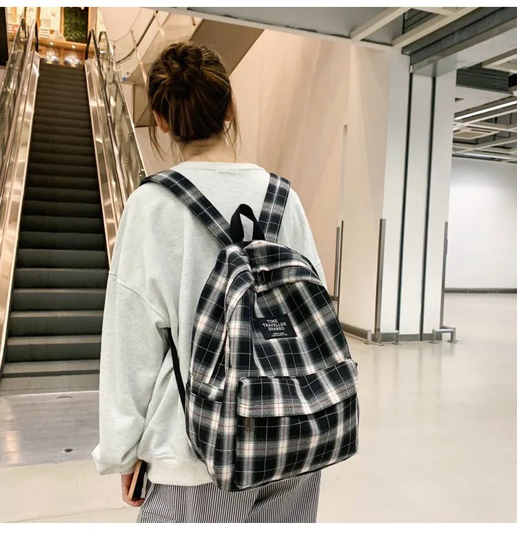 Fashion Plaid Canvas Women's Backpack Student Backpacks Teenage Girl School Bags Large Capacity Waterproof Travel Rucksack