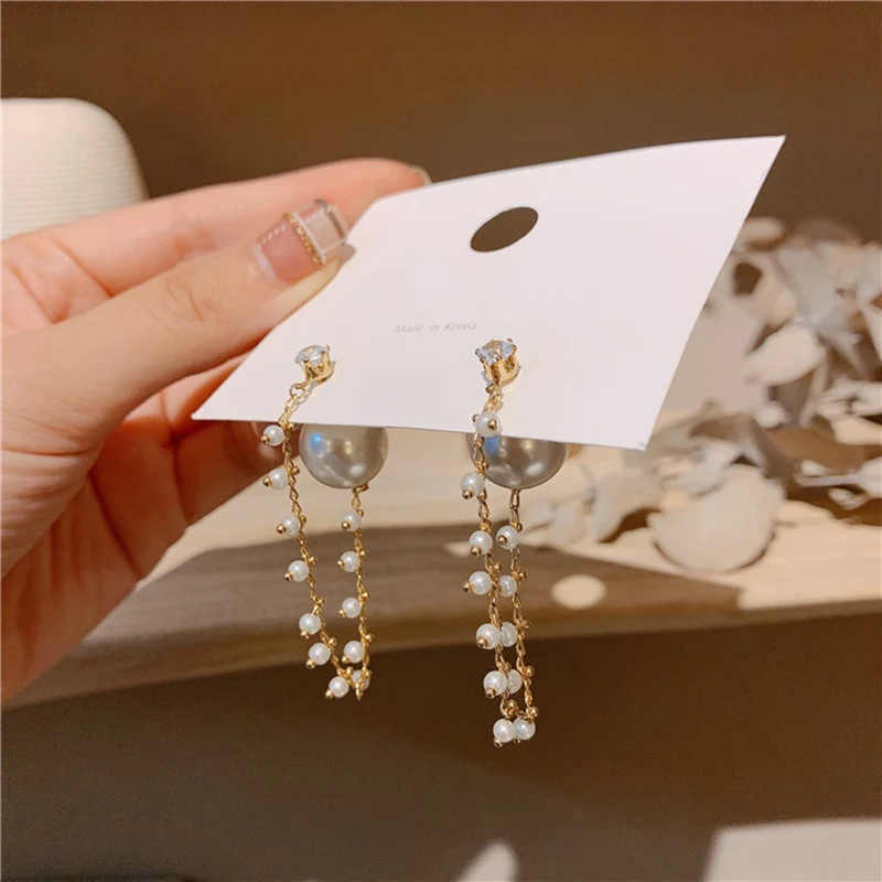 

MENGJIQIAO Korean New Fashion Elegant Simulated Pearl Tassel Drop Earrings For Women Party Crystal Brincos Accessories Jewelry