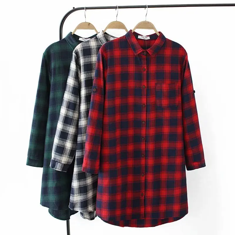 

Plus Size Casual Blouses 2019 Autumn Women Fashion Loose Long Sleeve Cotton Plaid Shirts E2-678