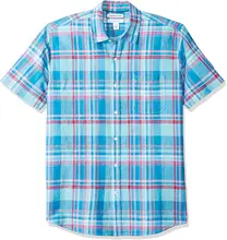 Amazon essentials regular ajuste camisa de linho de manga curta listra masculina